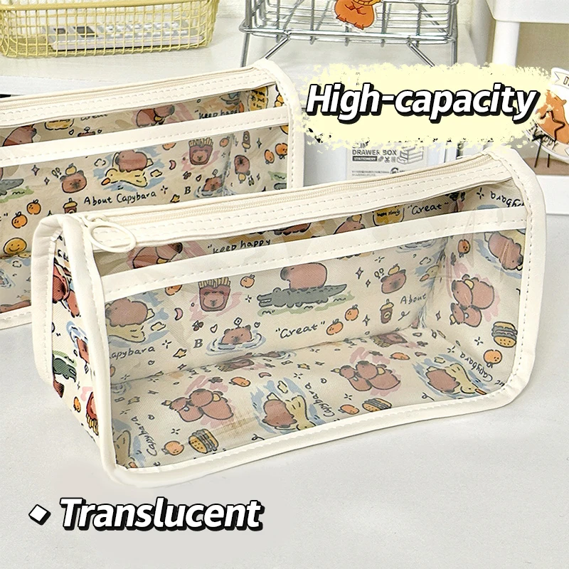 Kawaii Transparent Hello Kitty Pencil Case Sanrio Pochacco Pen Bag Large Capacity Capybara Cosmetic Bag Stationery Organizer