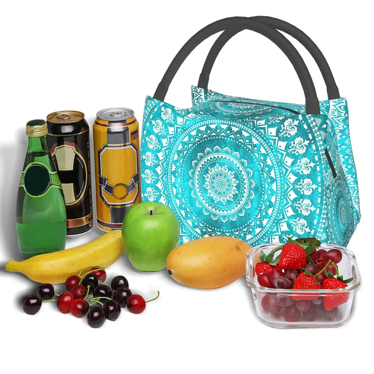 Mandala Lunch Bags Turquesa para Mulheres, Caixa Bento Isolada, Tote de piquenique à prova de vazamento, Refrigerador, Bolsa térmica para meninas, Trabalho