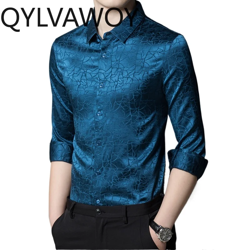 

QYLVAWOY 92.4% Mulberry Silk 7.6% Spandex Shirts for Men Spring Summer 2026 Fashion Printed Long Sleeve Shirts Man Casual Tops