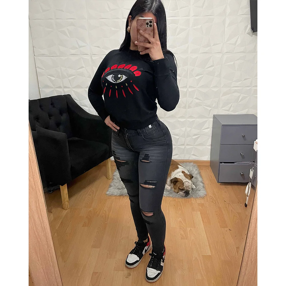 2023 Dark Gray Distressed Jeans Pencil Pants Fashion Street Wear Women Casual Trousers High Quality Fitness Comfortable Pants