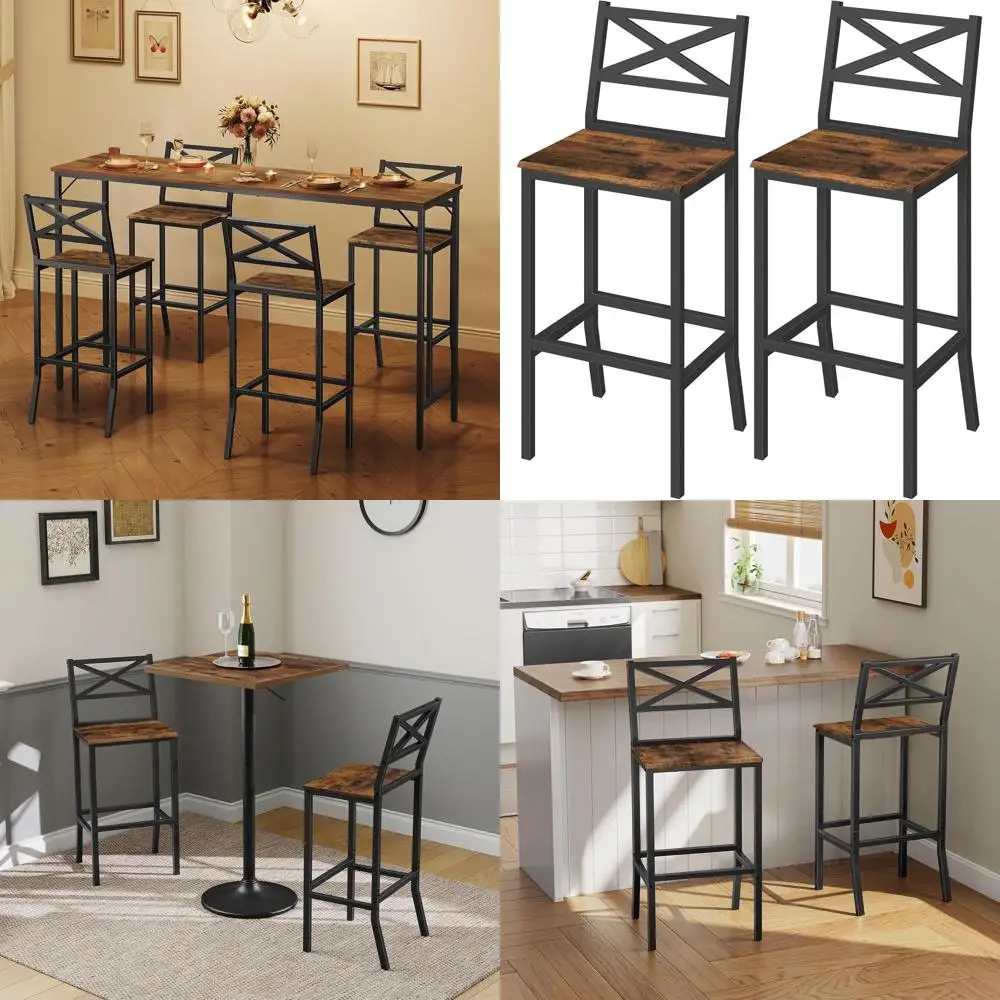 

Pair of 26 High Counter Stool Chairs with Backrest and Footrest, Rustic Brown Kitchen Breakfast Stools, Easy to Assemble for Din