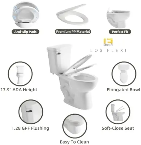 17.9 Inch ADA Two-Piece Toilet for Bathroom, Elongated Bowl & Comfort Height Toilet, Powerful Siphon Jet Flush 1.28