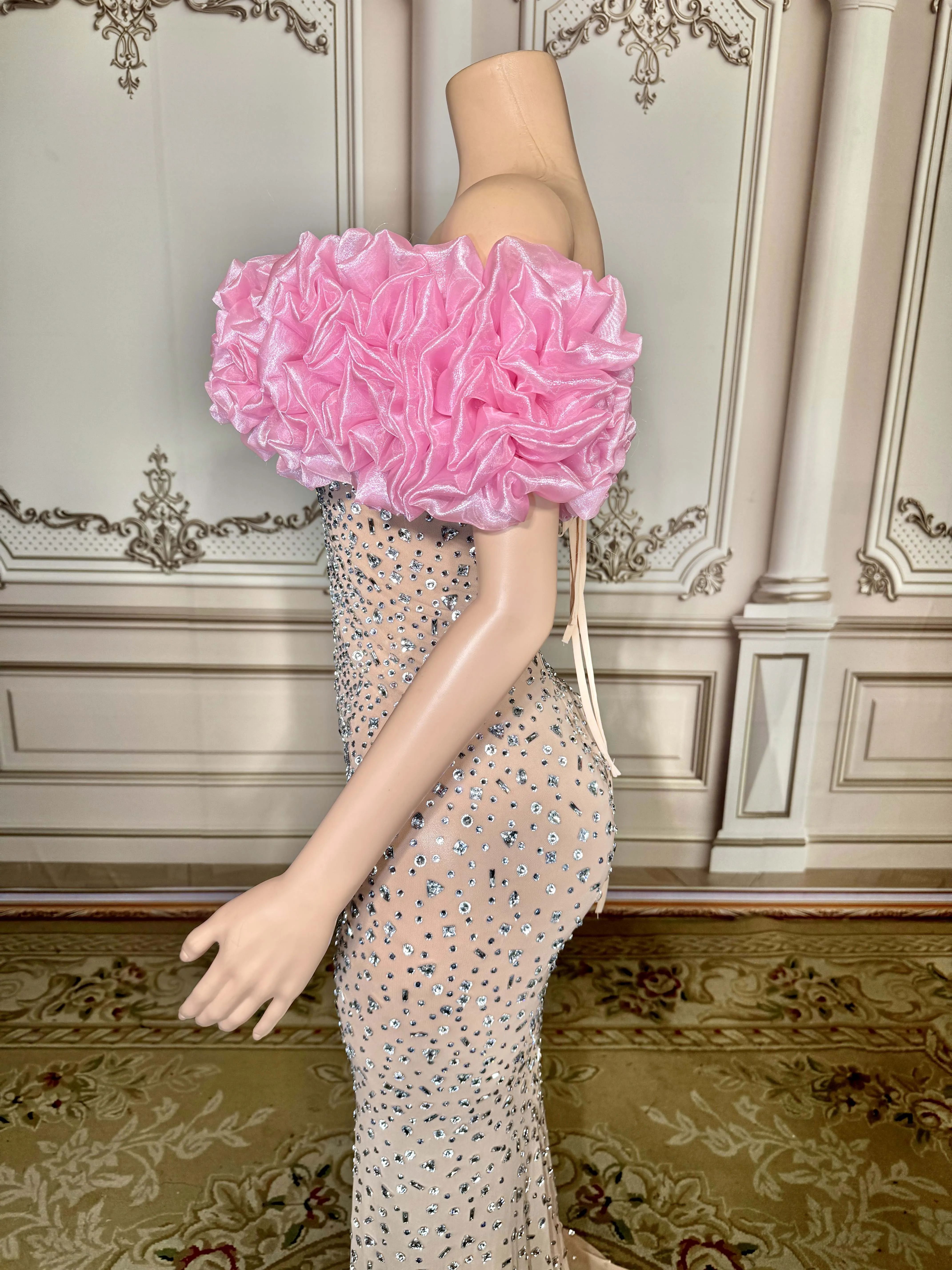 Brilhante pérola strass transparente vestido longo noite aniversário celebrar festa luxuoso traje dançarino piscando vestido