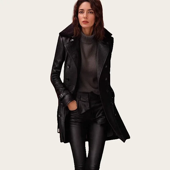 Women Faux Fur Collar Leather Coat Long Biker Outerwear Spring Autumn