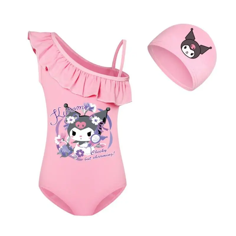 Kawaii Kids Swimsuit Swim Cap Summer Cute Cartoon Kuromi Bikini Swimwear Girls Beach Bathing Swimming Sunscreen Quick Dry Gift