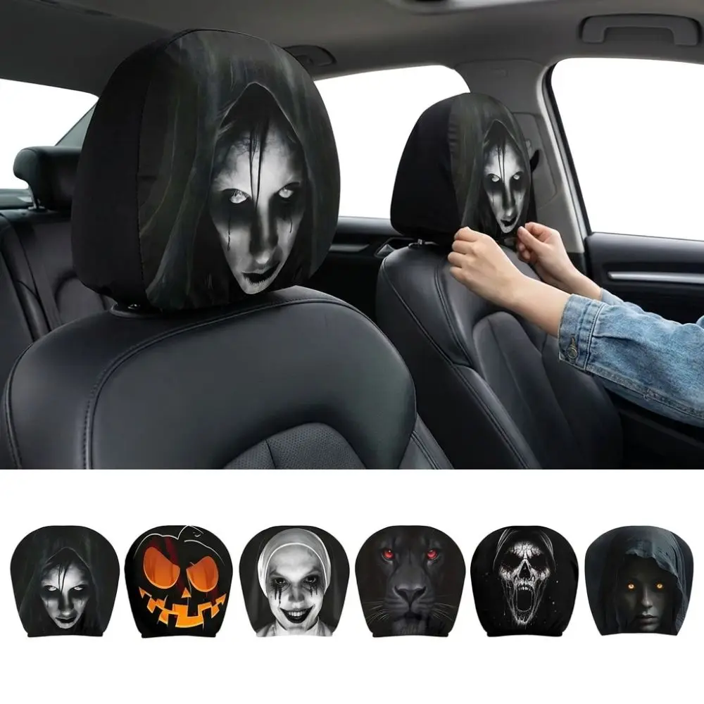 2Pcs Elastic Halloween Car Headrest Covers Soft Comfortable Scary Nun Skull Spooky Face Auto Headrest Sleeve Dark Pumpkin
