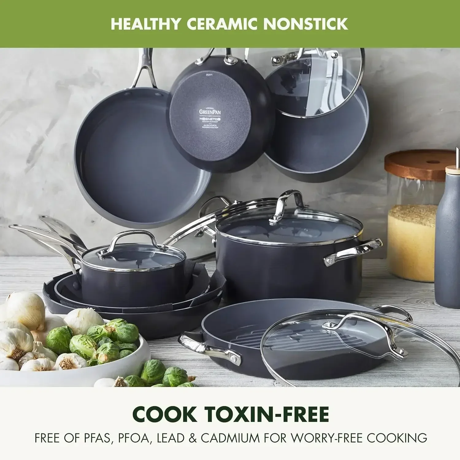 

Valencia Pro Hard Anodized Healthy Ceramic Nonstick 16 Piece Cookware Pots and Pans Set, PFAS-Free, Induction, Dishwasher Safe