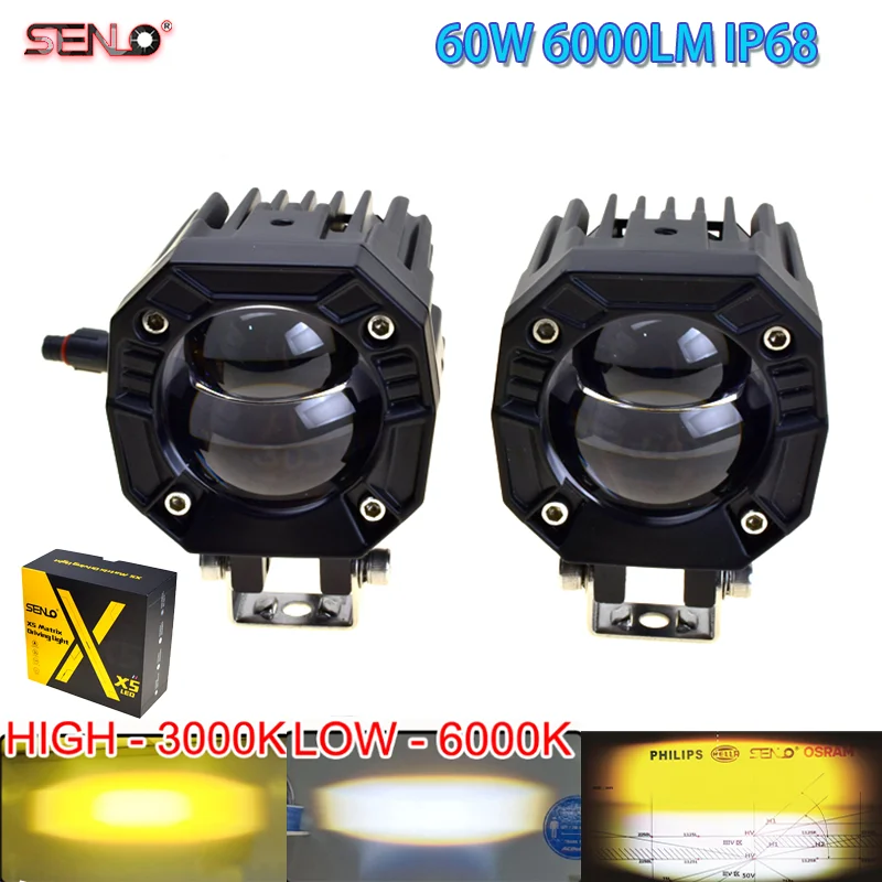 60W 2PCS Universal Moto/Car LED Headlight Projector Lens Dual Color ATV Scooter Driving Lamp Fog Light Auxiliary Spotlight Lamp