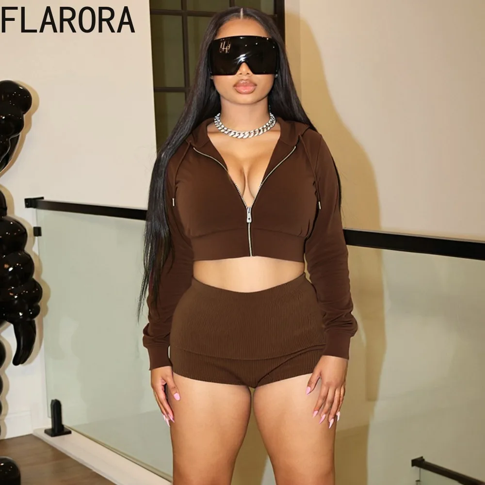 FLARORA Autumn Casual 2 Pieces Sets Woman Solid Color Zip Long Sleeve Hooded Crop Jackets And Shorts Outfits Street Tracksuits