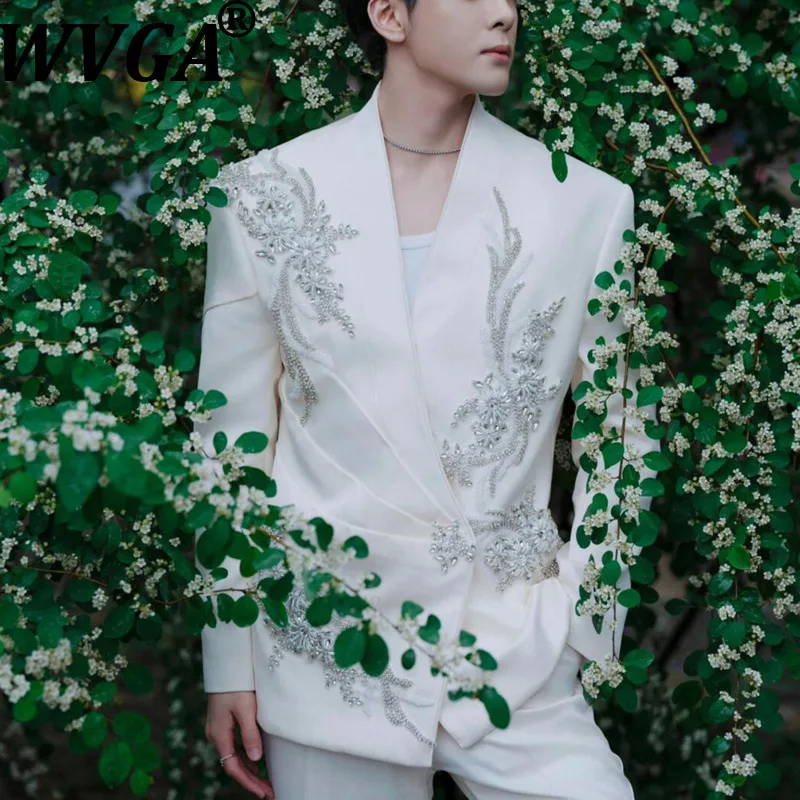 

WVGA Spring Autumn New Men Tide Pleated Floral Sequin Trendy Embroidery Blazer Niche Chic Casual Suit Pants Two-Piece Set W18128