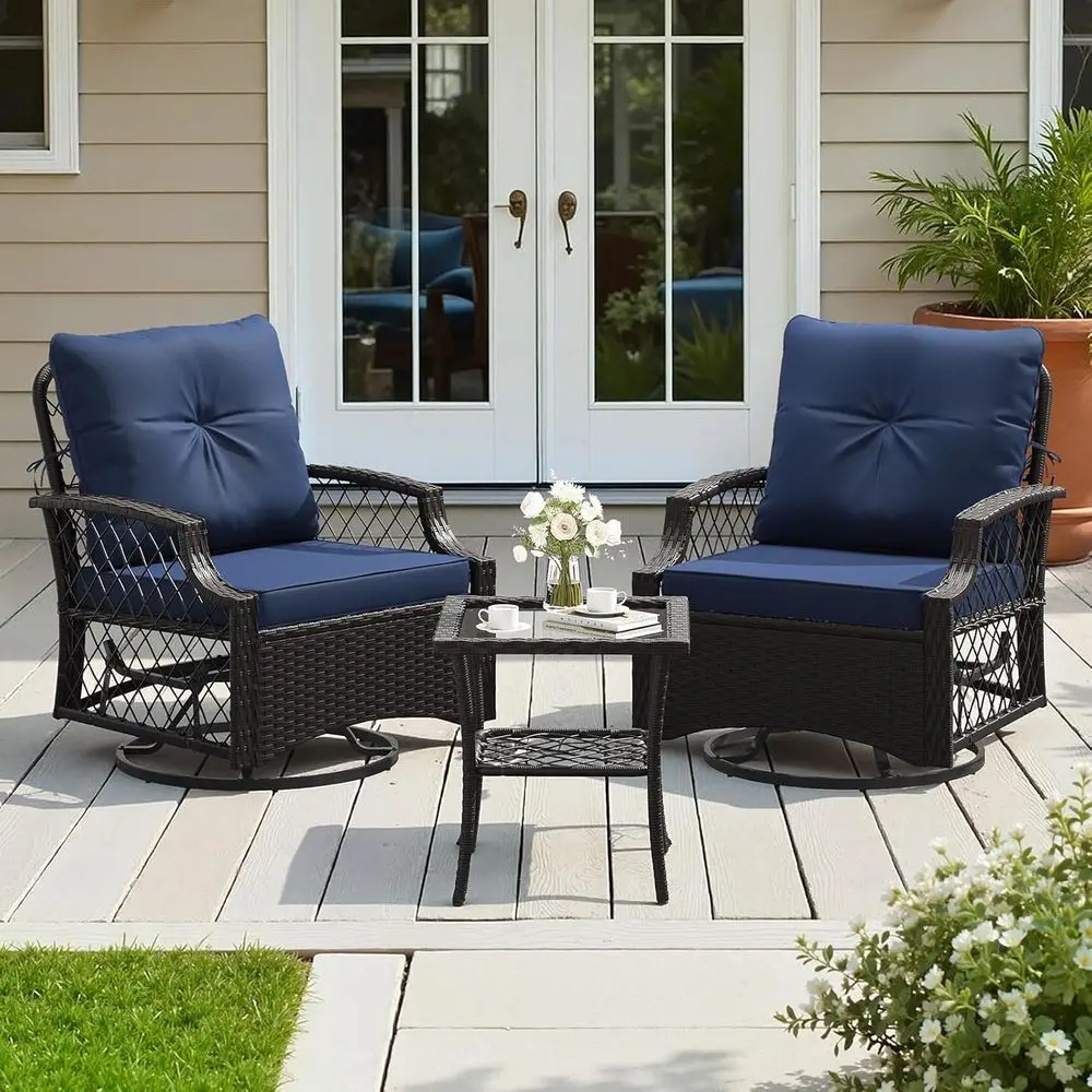 

2 Swivel Wicker Bistro Chairs with Cushions and Side Table, High-Back Outdoor Patio Furniture Set