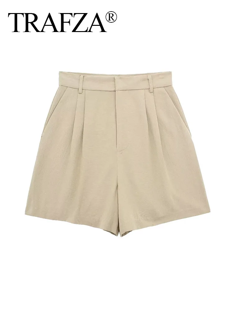 TRAFZA-Mini Shorts Elegantes de Cintura Alta com Zíper, Decoração de Botões, Monocromáticos, Finos, Bolso, Streetwear, Moda Verão