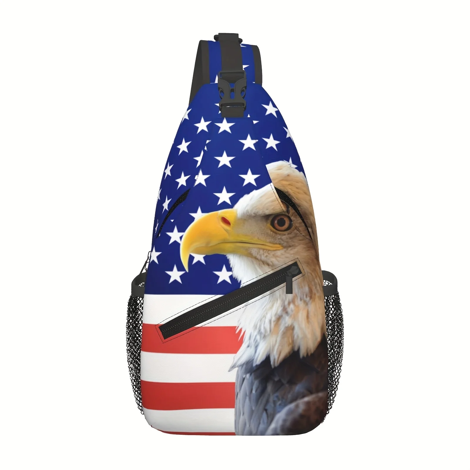 

American Flag Eagle Print Crossbody Chest Bag Large Capacity Zipper Closure Shoulder Bag Suitable for Hiking Travel