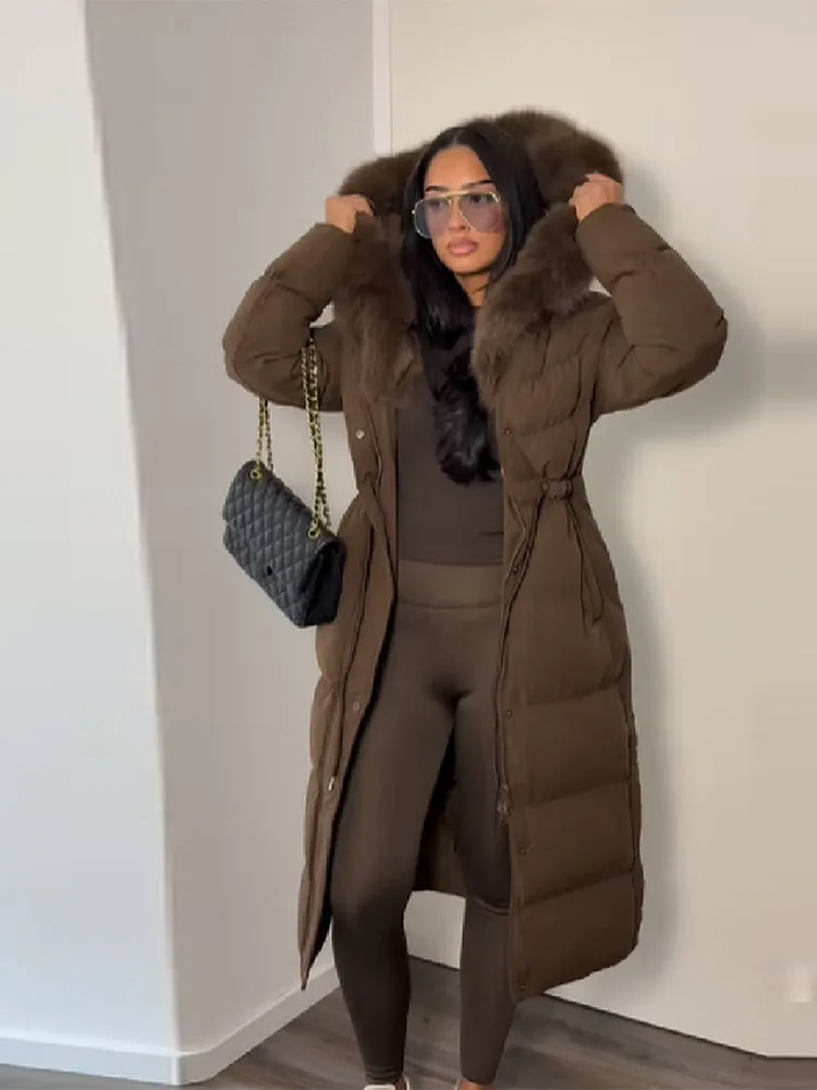 

Роскошный длинный пуховик женский с большим меховым капюшоном зимнее теплое пуховое пальто приталенная ветрозащитная парка эстетическое пальто 2026 уличная одежда