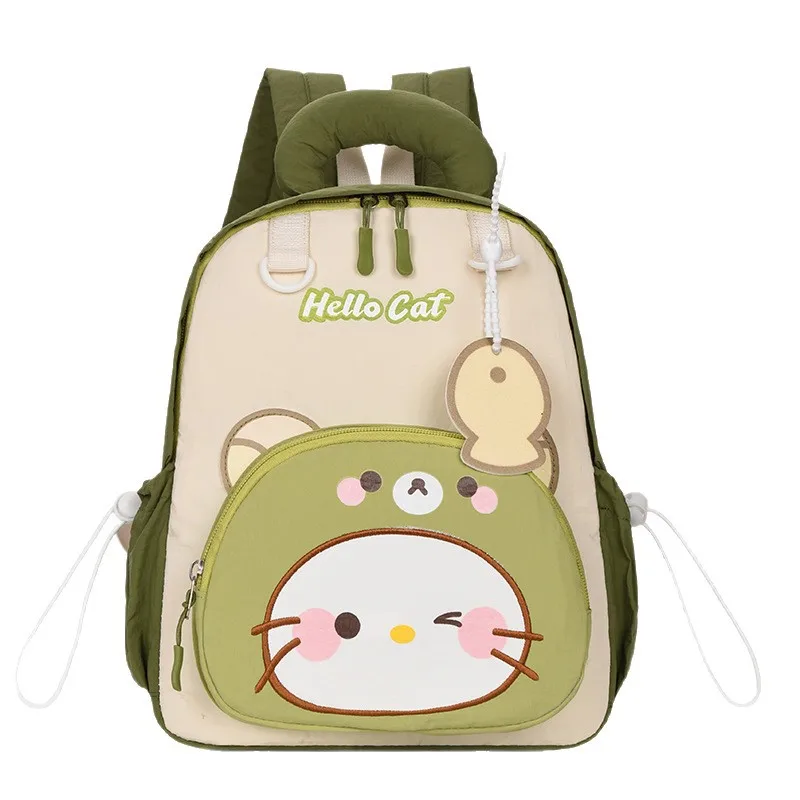 Girls Nylon Backpack Cartoon Cat School Bag Kids Cute Daypack with Front Pouch Adjustable Shoulder Straps Zipper Closure Travel
