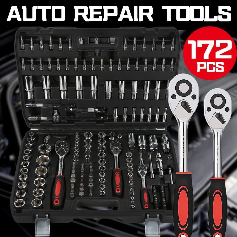 172pcs Auto Repair Mechanic Tool Kit Home Mechanic Tool Kit Car Bike Repair 1/2" 1/4\" 3/8\" Drive Depth Standard Socket Tool