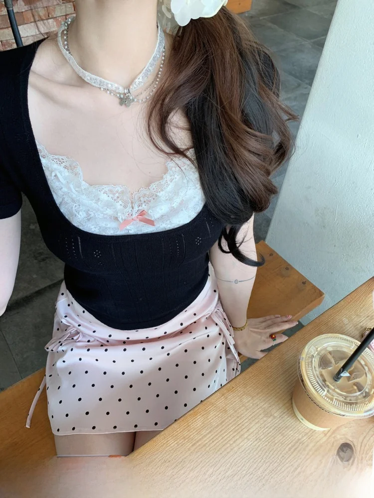 

Комплект ThePeachOfficial: Топ из кружевного трикотажа Pure Desire и юбка в горошек с завязками, летняя коллекция Sweet Sle Knot A-Line