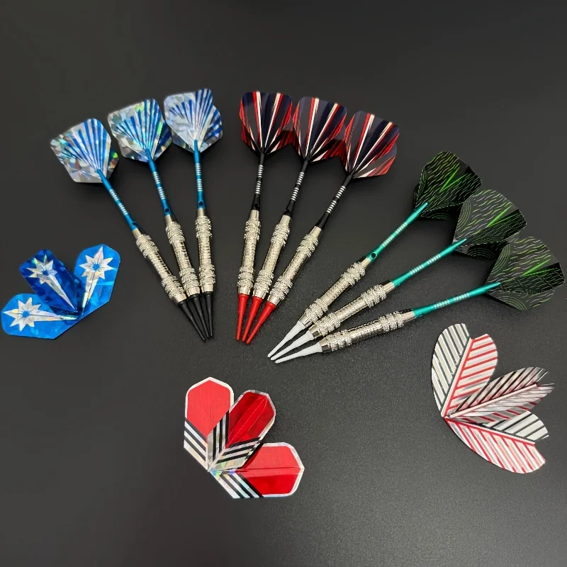 Three 19g Soft Darts in a Simple Set, with a Glossy Iron Barrel. Each Combination Has 6 Soft Heads and 6 Dart Wings.