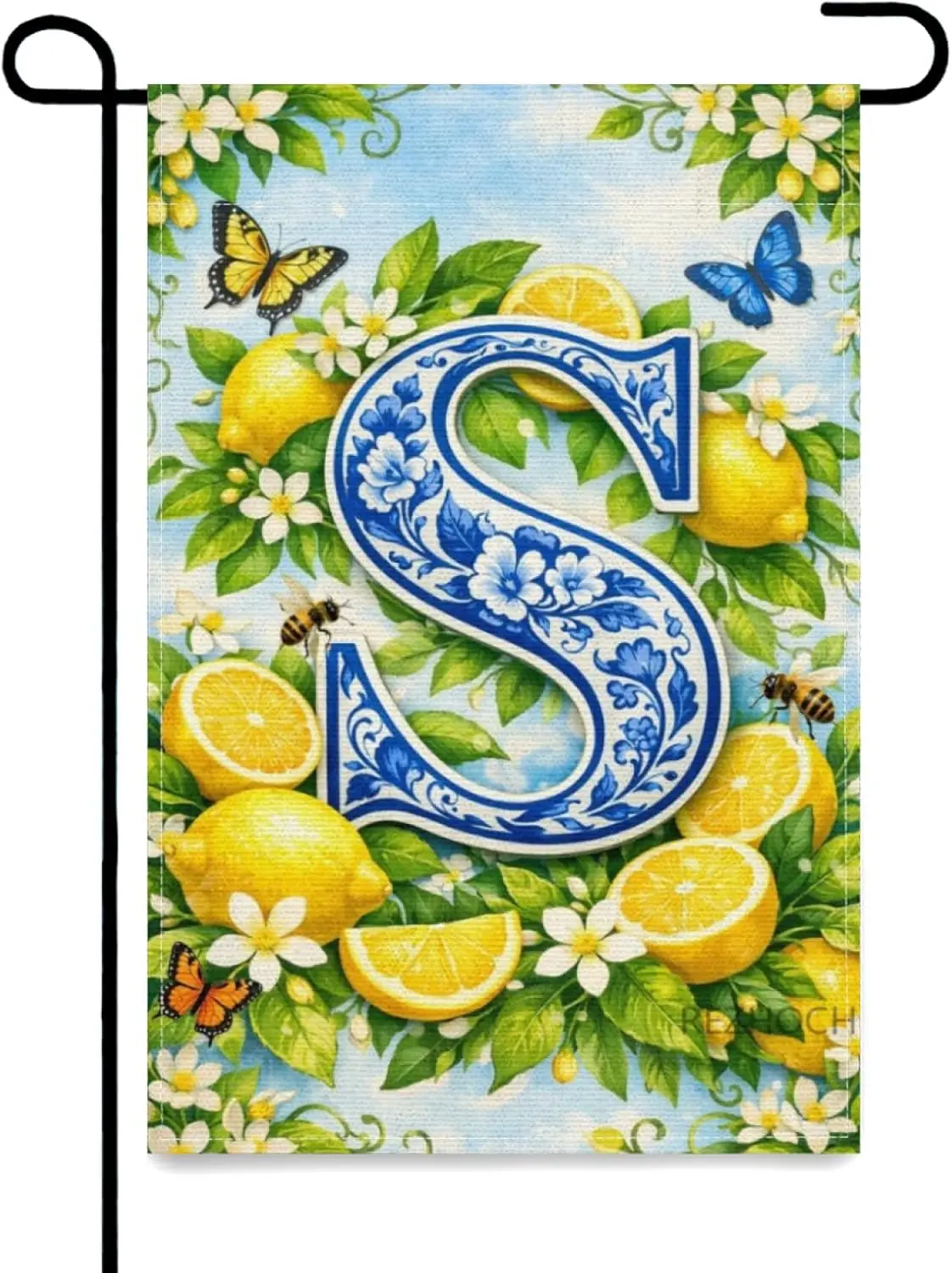 Spring Summer Lemon Monogram Garden Flag 12x18 Inch,Floral Initial S Outdoor Yard Rustic Farmhouse Citrus Decor,Double Sided AAS