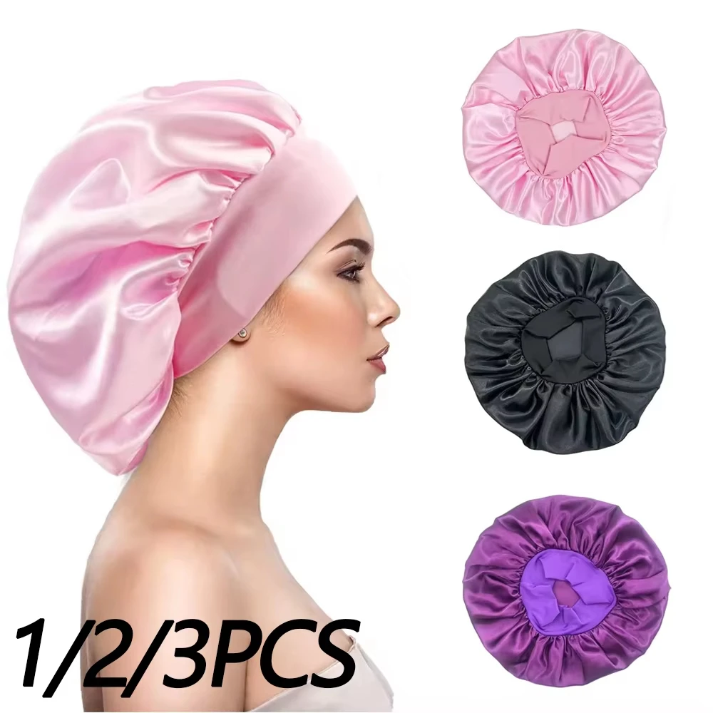 Women Satin Bonnet Hair Bonnet for Sleeping Hair Care Silk Bonnets Solid Wide-brimmed Sleeping Hat with Elastic Soft Band