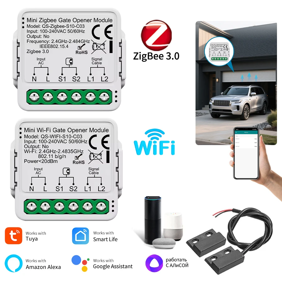 Tuya wifi zigbee controlador abridor de porta de garagem motorizado módulo abridor de portão de controle de voz 110v 240v vida inteligente
