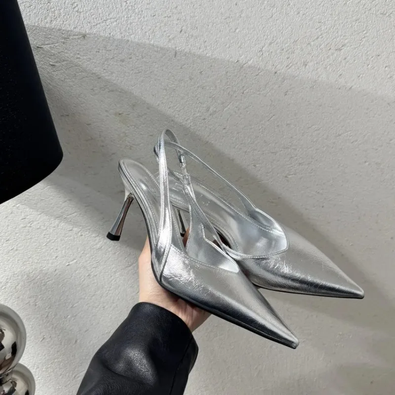 

American-style elegant ladies' sandals new model, silver color, retro pointed toe, high heel, platform sole, summer style