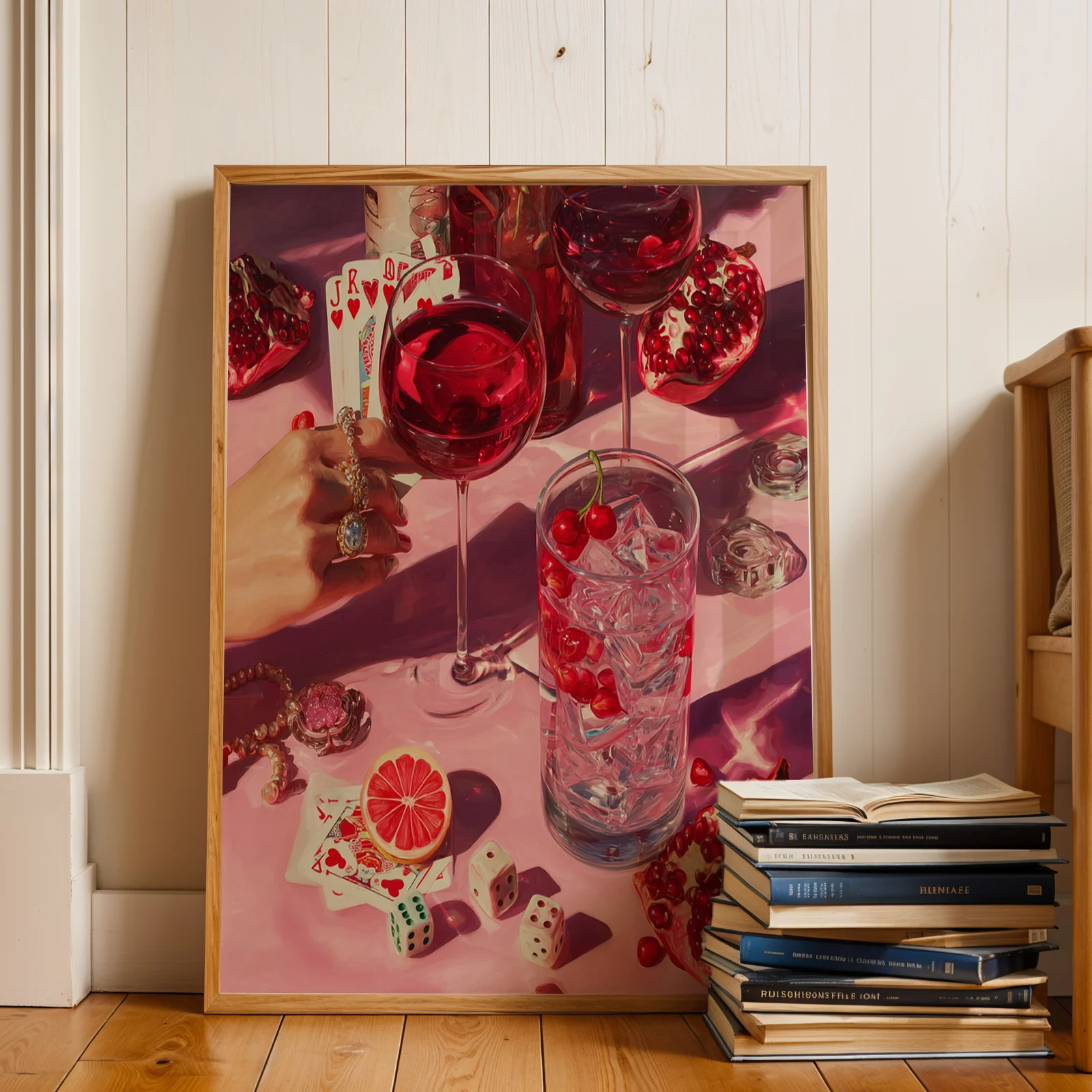 2D Flat Wall Decoration, Retro Posters, Whisky Pink Goji Berries, Poker Canvas Painting, Aesthetic Design for The Living Room