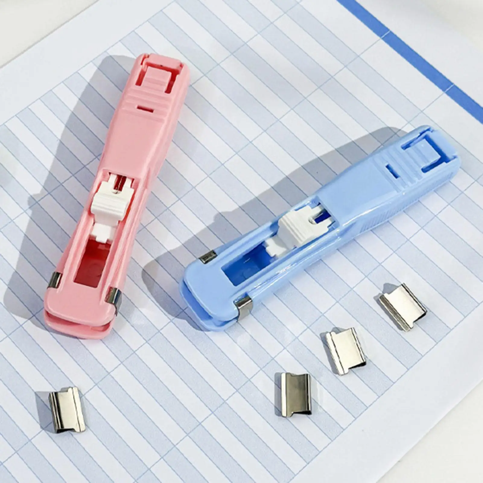 Push Stapler, Binder Clips Paper Clamps Desktop Stapler with 50pcs Stainless Steel Refill Clips for Office School Supplies