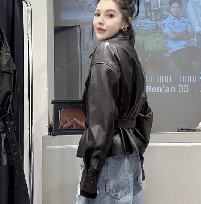 Bla ライチ柄本革ジャケット レディース ウエストシンチング オート スリミング バイカー コート Sサイズ l アウター