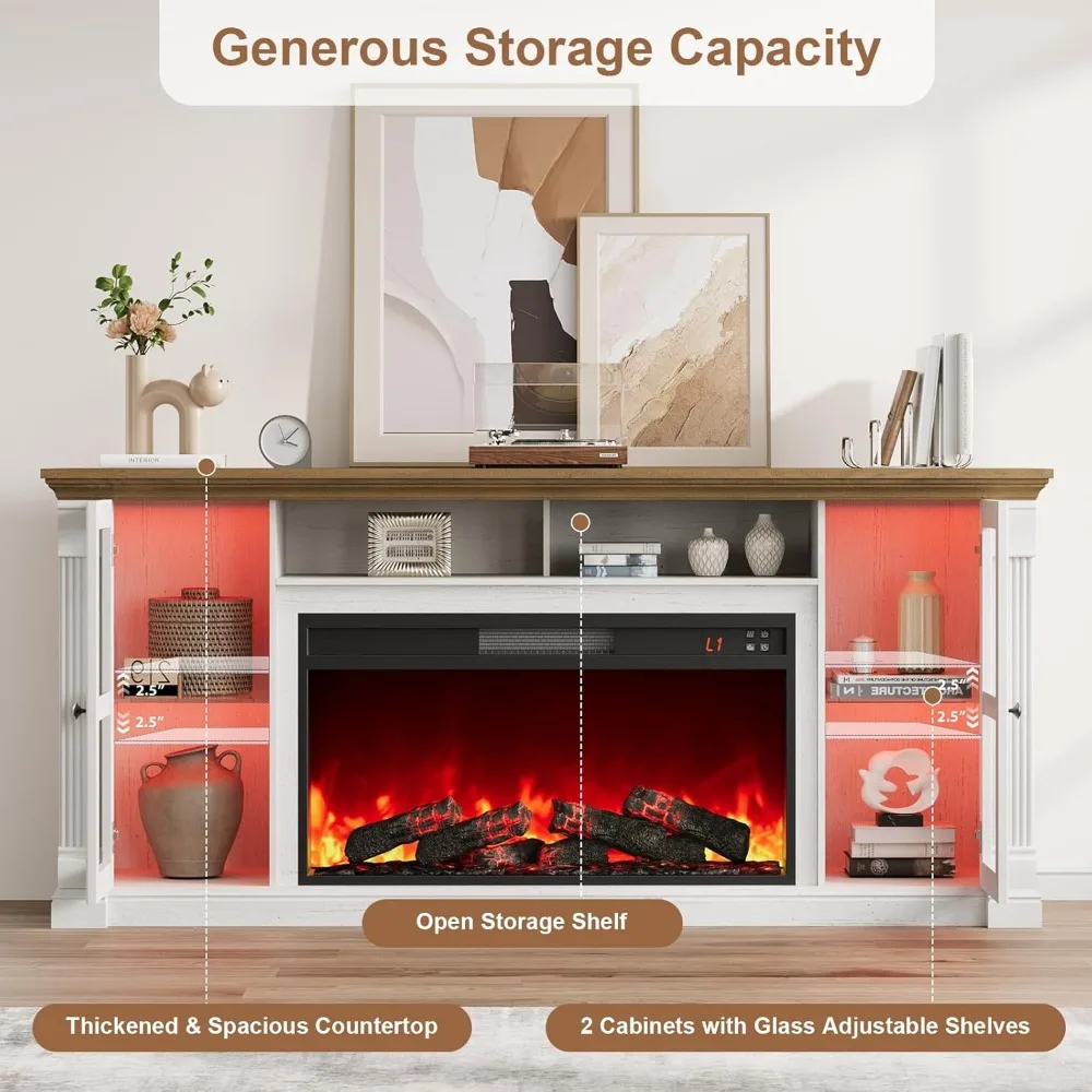 Farmhouse Fireplace TV Stand Up to 80" TVs, 70" Modern Highboy Entertainment Center with 36" Electric Fireplace & LED Lights,