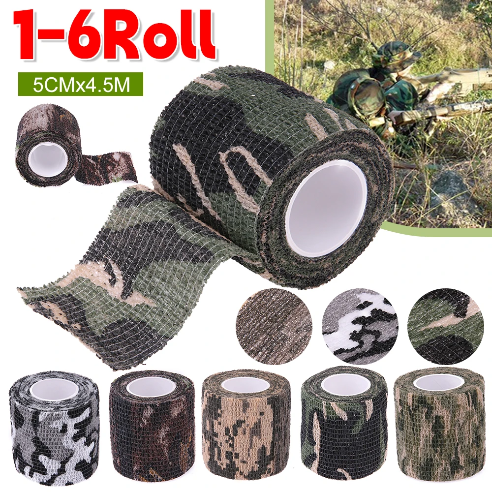 1-6roll Camouflage Tape Elastic Wrap Disposable Self-Adhesive Camo Invisible Tape Outdoor Camping Hunting Accessories 5cm*4.5m