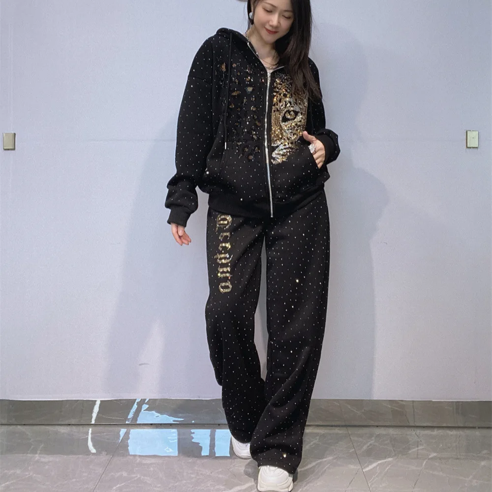 Thicken Fleece Autumn Winter Women Sports Suits Hot Diamonds Hooded Zip Cardigans Coat + Fashionable Elastic Waist Loose Pants