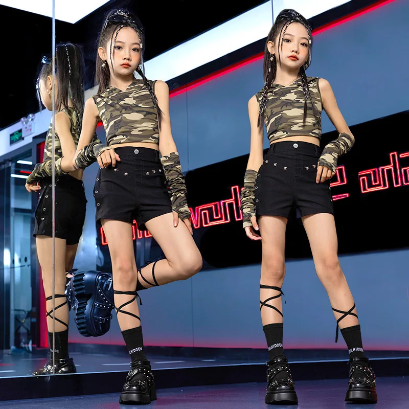 Chidren Summer Girls costume hip hop costume cotton camouflage short sleeve T-shirt Black Shorts 2 piece streetwear set Jazz per