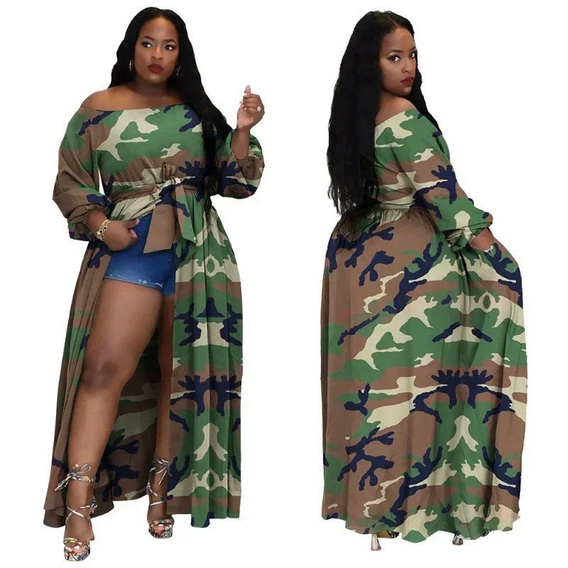 KEXU Sexy Off Shoulder Plus Size Women Tie Dye Print High Split Maxi Dress 2024 Spring Elegant Puff Long Sleeve Loose Dress