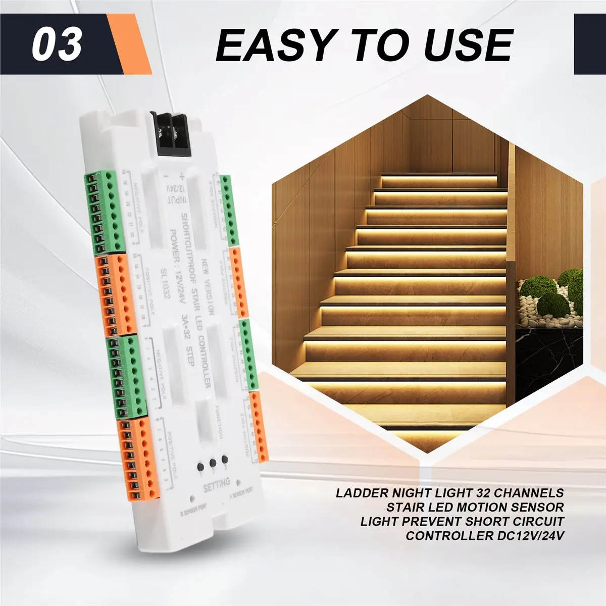 #26H Ladder Night Light 32 Channels Stair LED Motion Sensor Light,Prevent Short Circuit Controller,(Plastic)