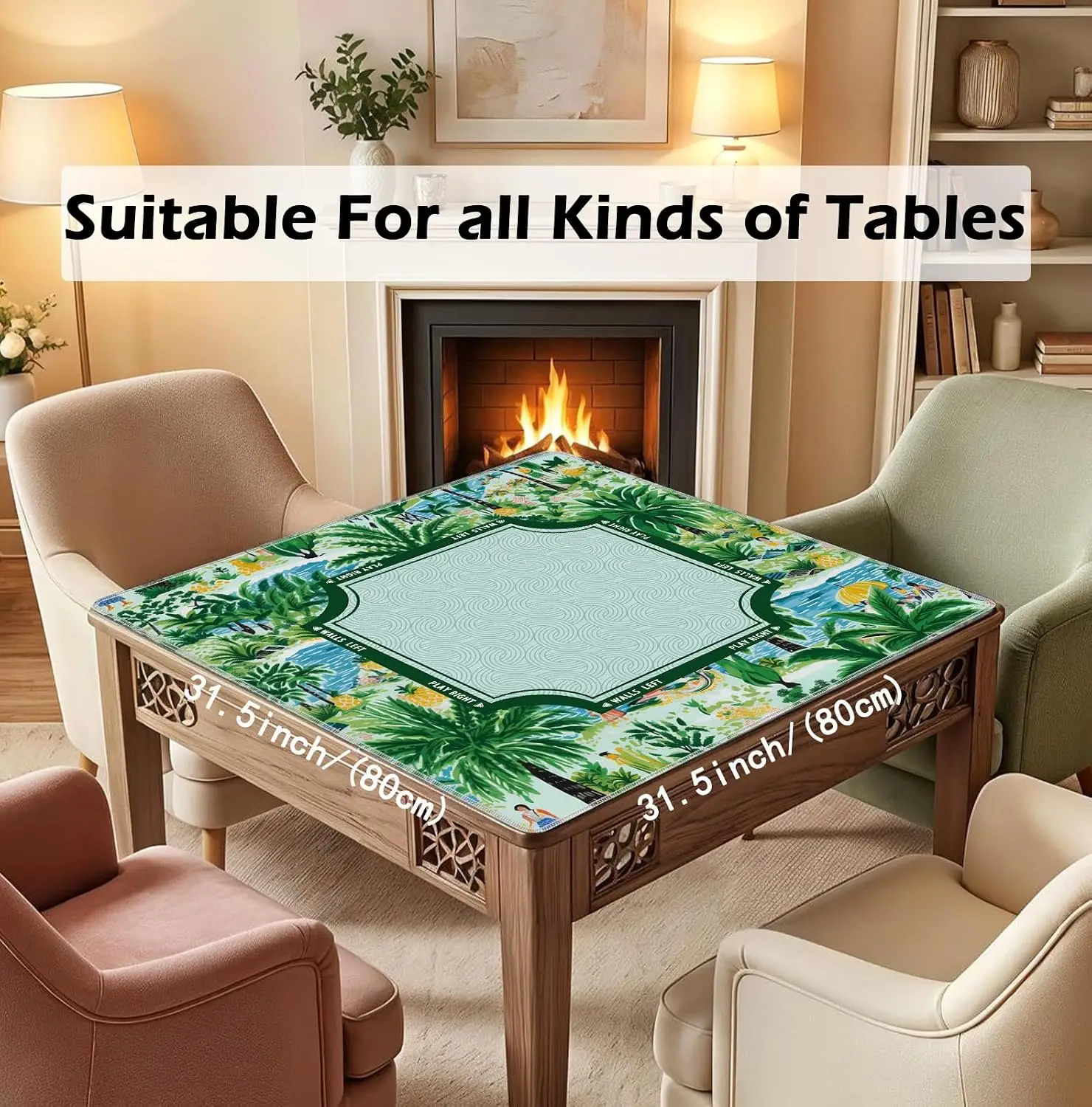 Luxury Neoprene 3mm Mahjong Mat 31.5 Inch Green Tropical Plants Non-slip Noise Reduction for Mahjong Tile Games