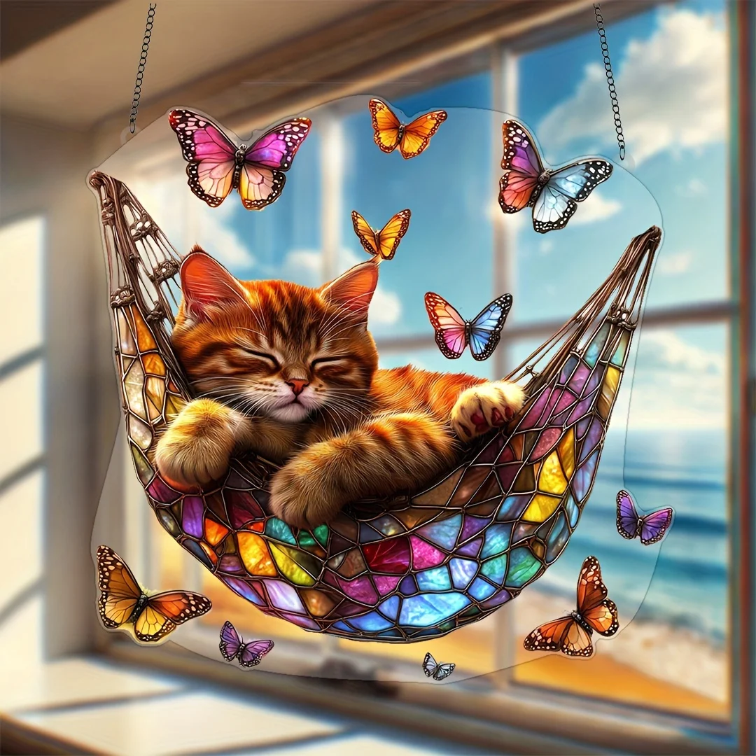 Charming Cute Cat  Butterfly 2D Flat Acrylic Sunlight Catcher Colorful Plastic Window Wall Garden Hanging Design Cat Lovers Gift