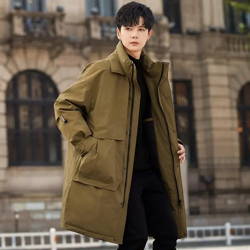 

Мужская удлиненная парка-куртка белого цвета с утеплением из пуха, модная, городская, ветрозащитная, на молнии, однотонная