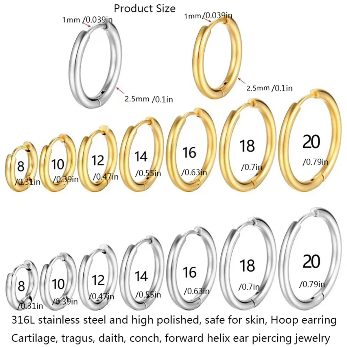 2/8Pcs Fashion Simplicity 316L Stainless Steel Small Hoop Earrings, Cartilage Tragus Conch Forward Helix Ear Piercing Jewelry