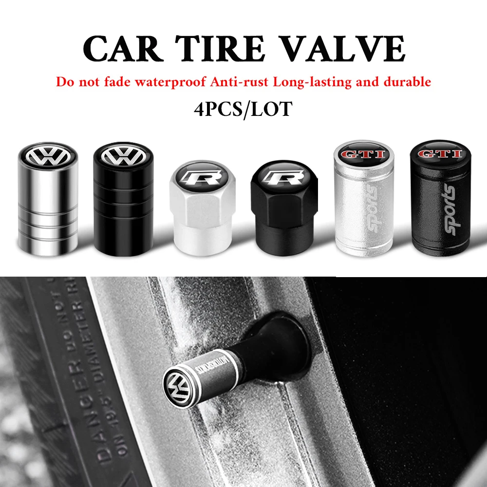 4pcs Metal Car Tire Valve Caps Tyre Wheel Stem Air Valve Cover For Volkswagen VW R RLINE GTI Golf Blue Motion Polo Tiguan Touare