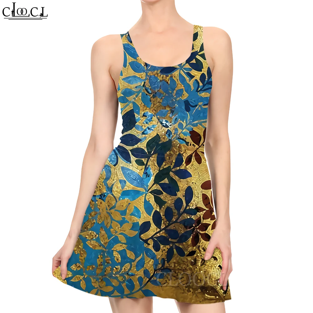 

CLOOCL New Fashion Women Mini Dress Retro Green Leaves Pattern 3D Printed Dress for Summer Female Sleeveless Short Dresses