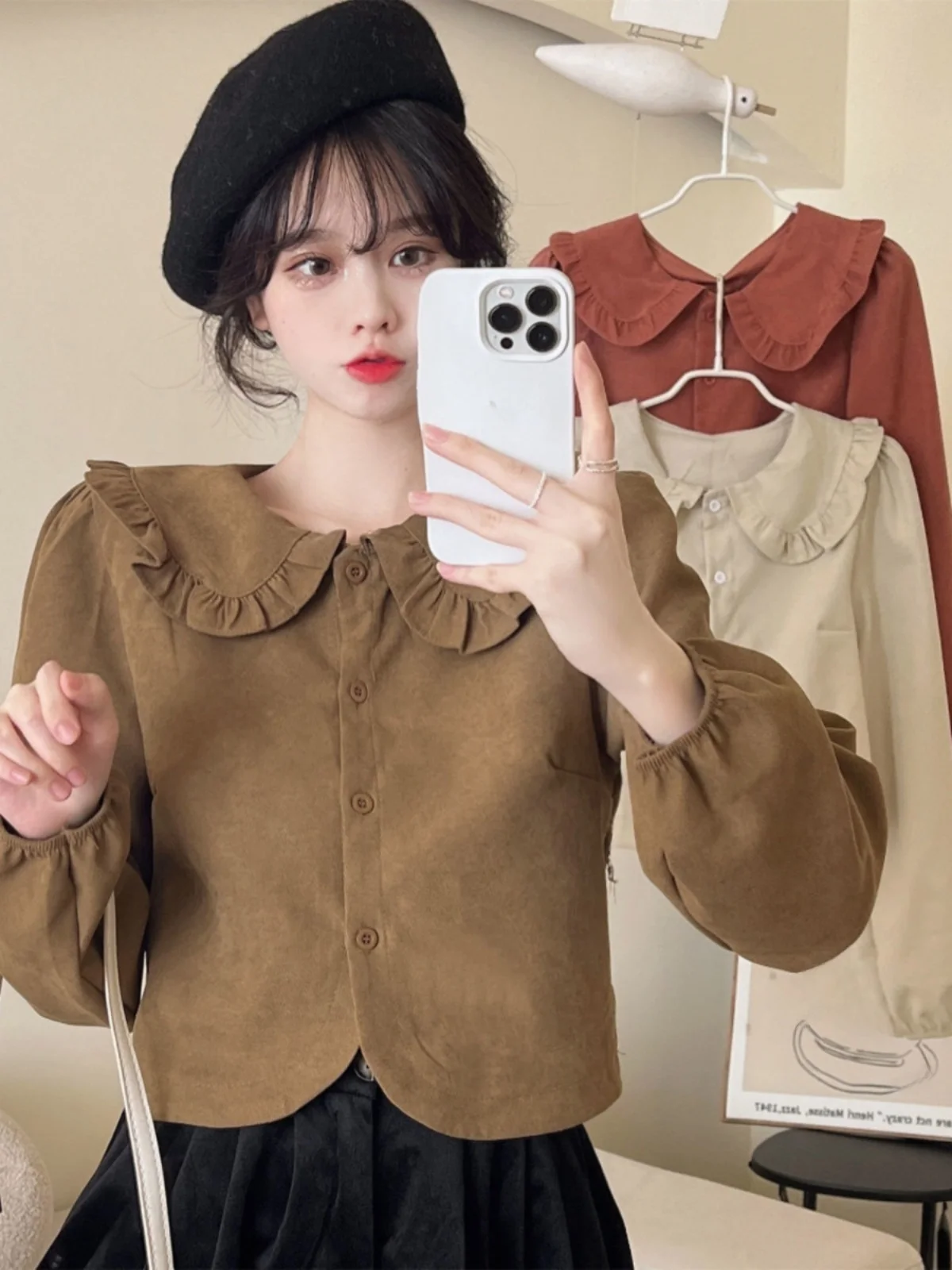 

Sweet Doll Collar Long Sve Women's irt Korean Sle Commute Faion Straight Cut Polyester Blend ort Length Pure Color