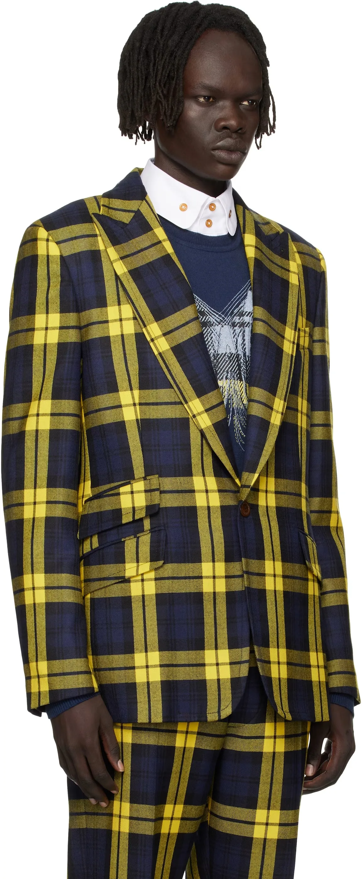 Yellow Checked Men Plaid Suits Loose Fit One Button Peaked Lapel Fashion 2 Pcs Wedding Party Wear Jacket Pants Customized