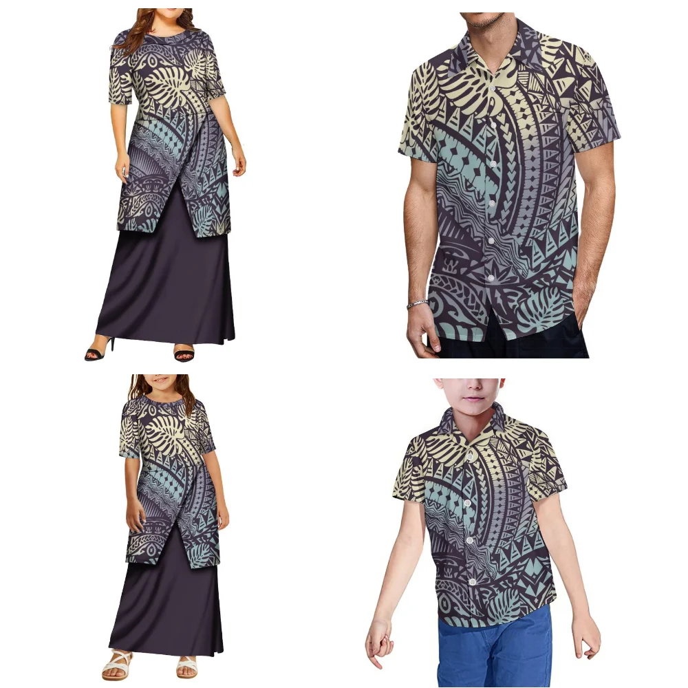 2025 novo conjunto familiar personalizado mãe e filha puletasi pai e filho casual bolso camisa polinésia terno vestido