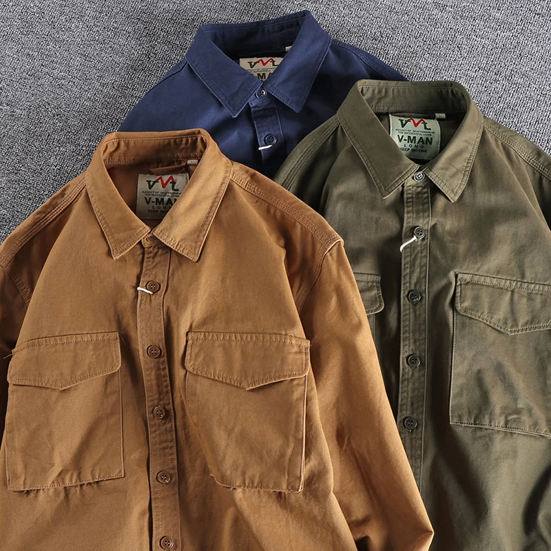 Daily Cotton Shirts for Men Spring Autumn Long Sleeve Workwear Blouses for Male Vintage Pockets Tops Coats American Retro Casual