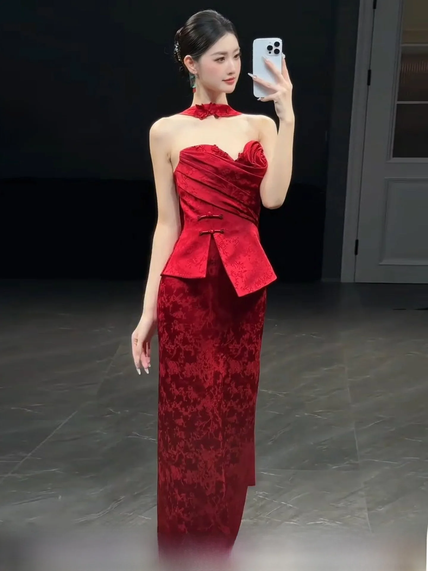 Red New Chinese Style Morning Robe Women's Strapless Vintage Waist-Cinching Wedding Reception Suit Return Visit Thank You Ban...