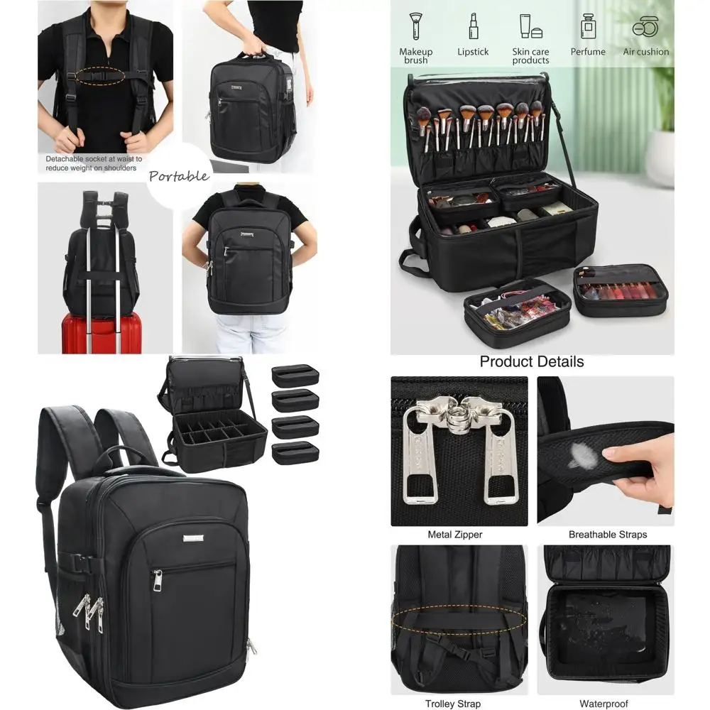 Bolsa de maquiagem profissional grande de dupla camada para artistas com 4 bolsas de armazenamento em preto