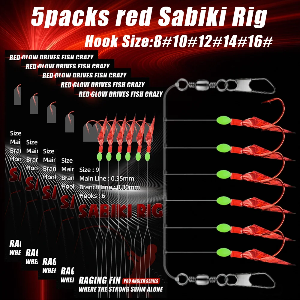 Juego de pesca SABIKI rojo de 5 paquetes, adecuado para una variedad de peces marinos pequeños como caballa, sardinas y pequeños pezales.