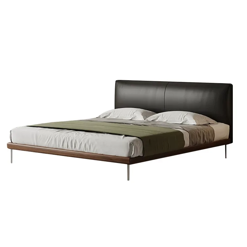 Italian minimalist leather bed, black thin bedside retro wind soft bag bed, modern simple tofu block master bedroom bed