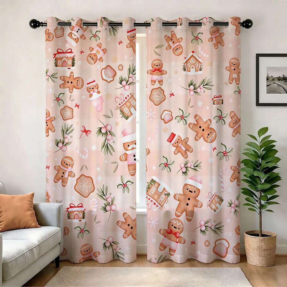 2pcs Christmas Gingerbread Man Print Perforated Blackout Curtains Privacy Protection For Living Bedroom Fashion Home Decor